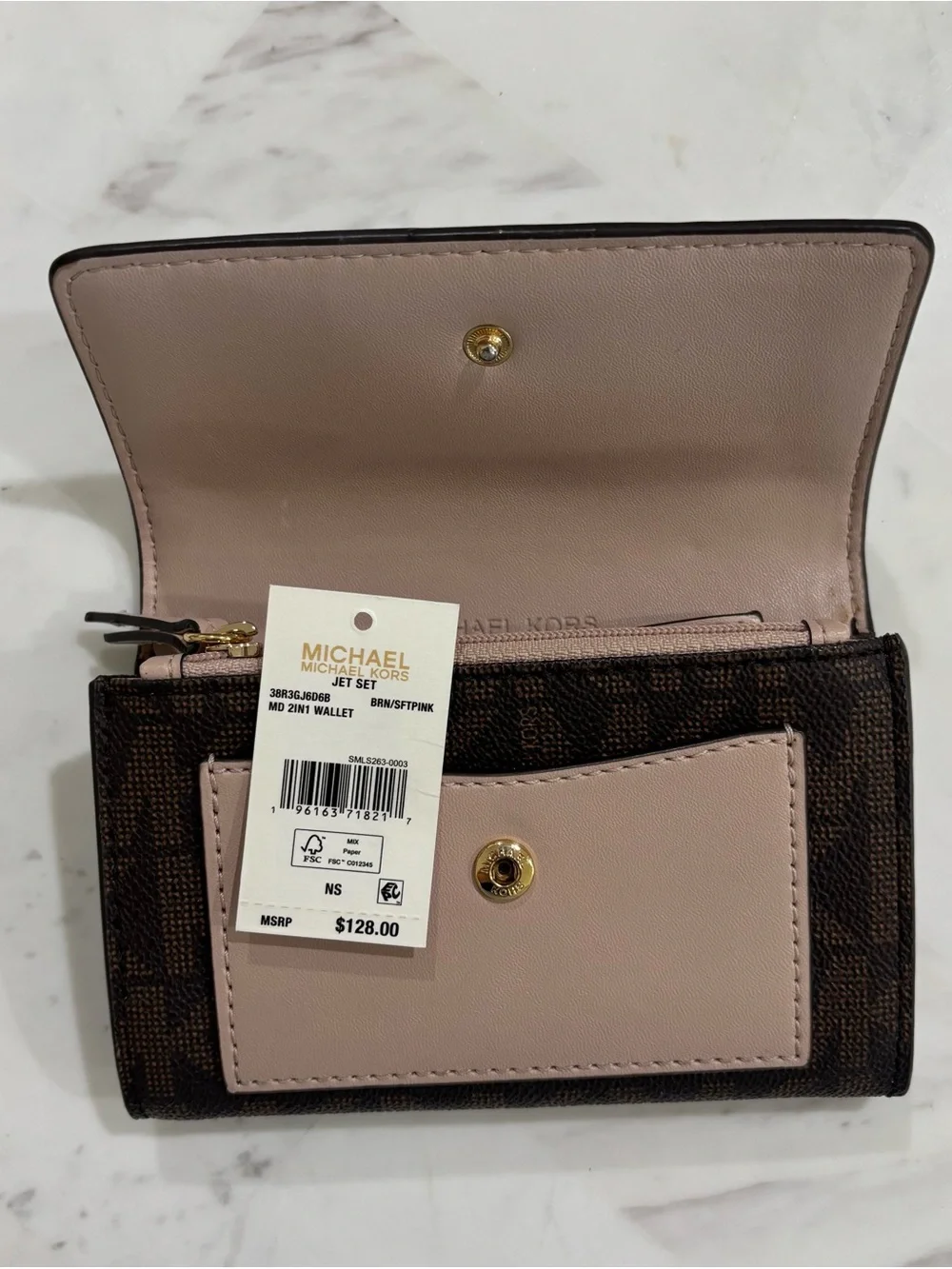 Michael Kors Brown Logo Trifold Wallet with Blush Accent